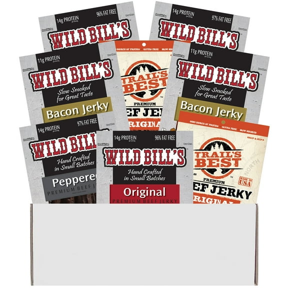 Wild Bill's Multi-Brand 8-Piece Jerky Sampler Box (8 assorted packs of beef jerky and bacon jerky)