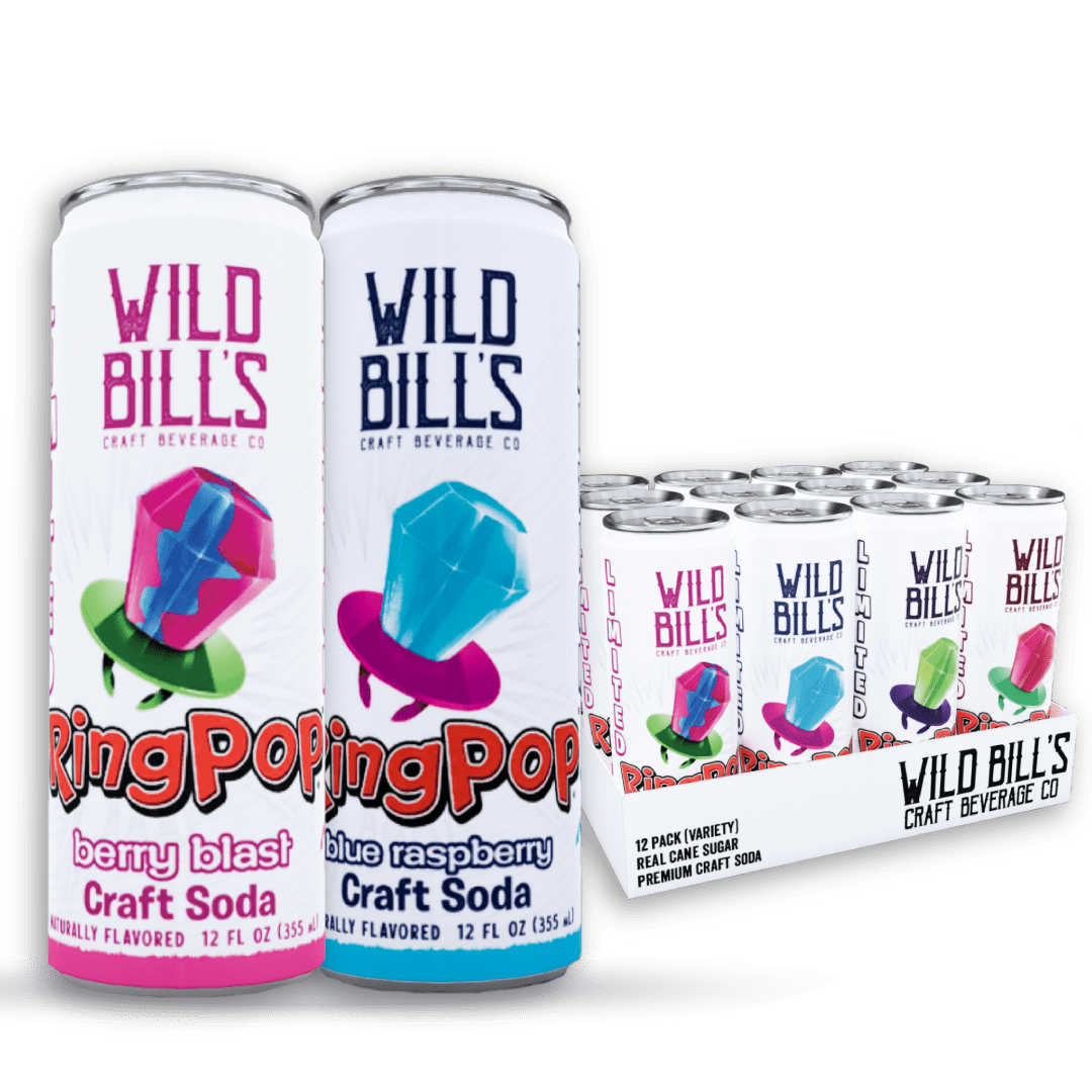 Wild Bill's Ring Pop Soda Variety Pack - Premium Craft Sparkling Beverage, Naturally Flavored with Pure Cane Sugar - Blue Raspberry, Berry Blast, Strawberry, Watermelon 12oz Cans, 12 Pack