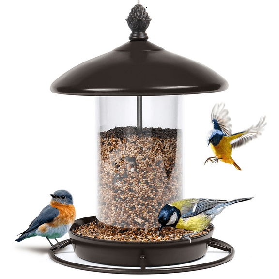 Inadays Metal Bird Feeders for Outdoors Hanging Bird Feeder Wild Birds Seed 360°Feeding Weatherproof Roof for Garden Yard, Bronze