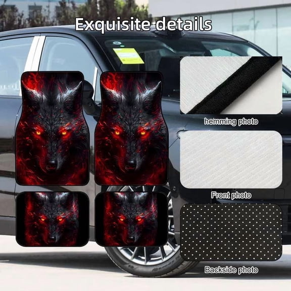 Wild Black Wolf Car Floor Mats, 4pcs Durable Non-Slip Polyester Interior Liners for Trucks and SUVs