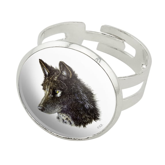 Wild Black Wolf Head Silver Plated Adjustable Novelty Ring