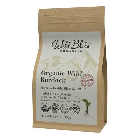Wild Bliss Organic Burdock Root Herbal Tea – Caffeine Free Daily Wellness Infusion -75 Tea Bags