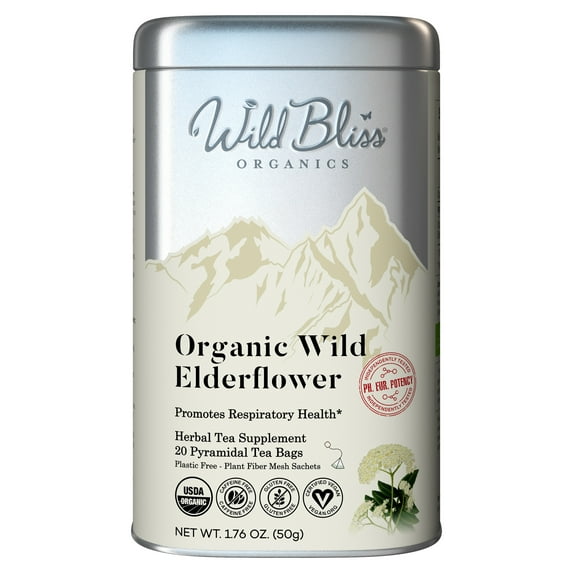Wild Bliss Organic Elderflower Herbal Tea – Caffeine Free Daily Wellness Infusion - 20 Tea Bags