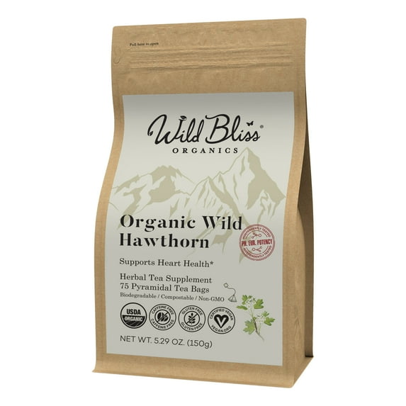 Wild Bliss Organic Hawthorn Herbal Tea – Caffeine Free Daily Wellness Infusion -75 Tea Bags