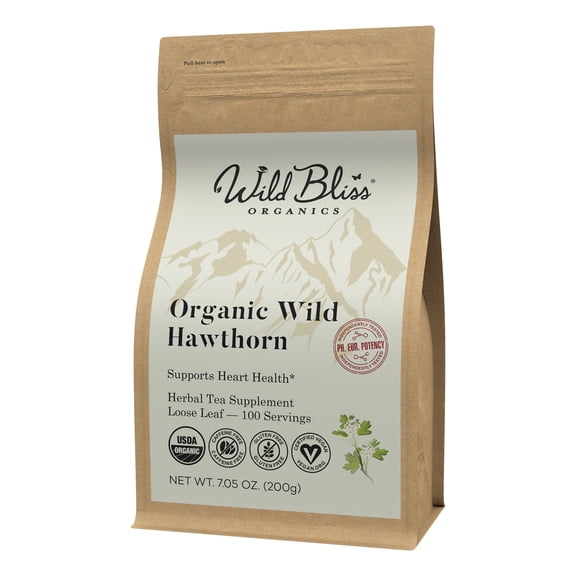 Wild Bliss Organic Hawthorn Herbal Tea Caffeine Free Loose Leaf and Flower -100 Servings