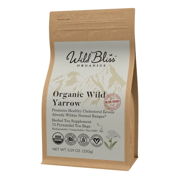 Wild Bliss Organic Yarrow Flower Herbal Tea – Caffeine Free Daily Wellness Infusion - 75 Tea Bags