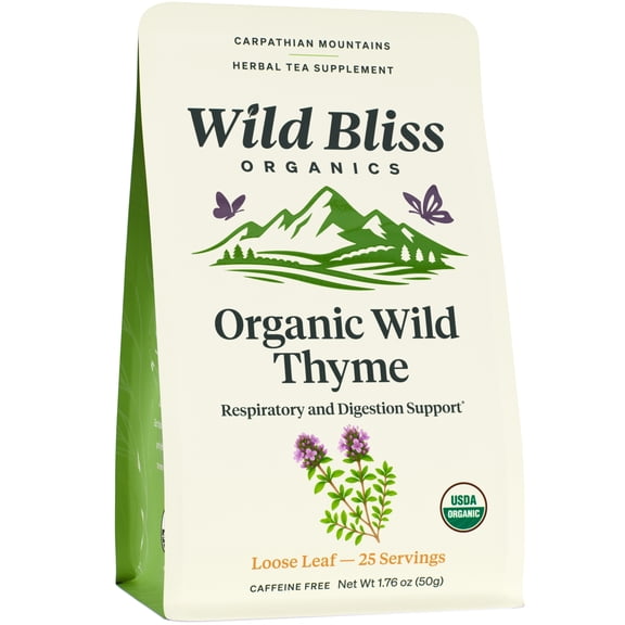 Wild Bliss Thyme Herbal Tea - Organic Loose Leaf Daily Wellness Infusion - Caffeine Free - 1.76 Ounces - 25 Servings