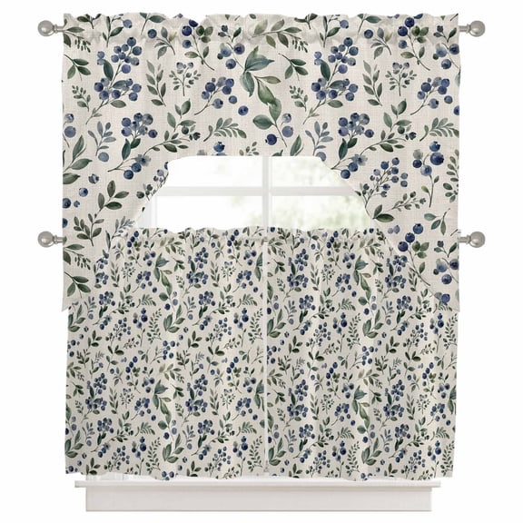 Wild Blueberry 3 Piece Swag Kitchen Curtains Set, Country Vintage Pastoral Blue Berry Green Leaf Valance and Tier Curtains 24 in Long, 56" x 36" Window Topper for Cafe Bathroom Bedroom