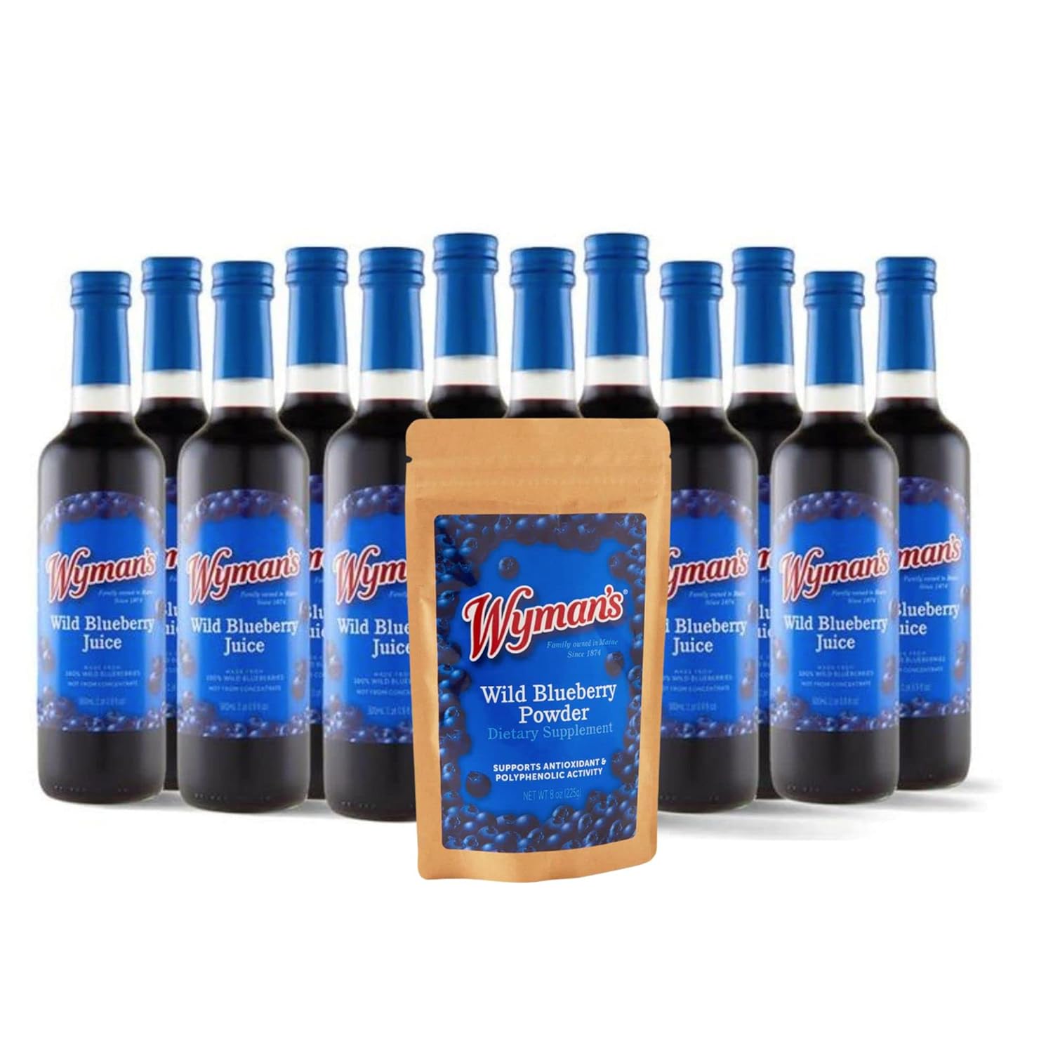 Wild Blueberry Juice & Powder Bundle, 12 Glass Bottles Juice, 8oz
