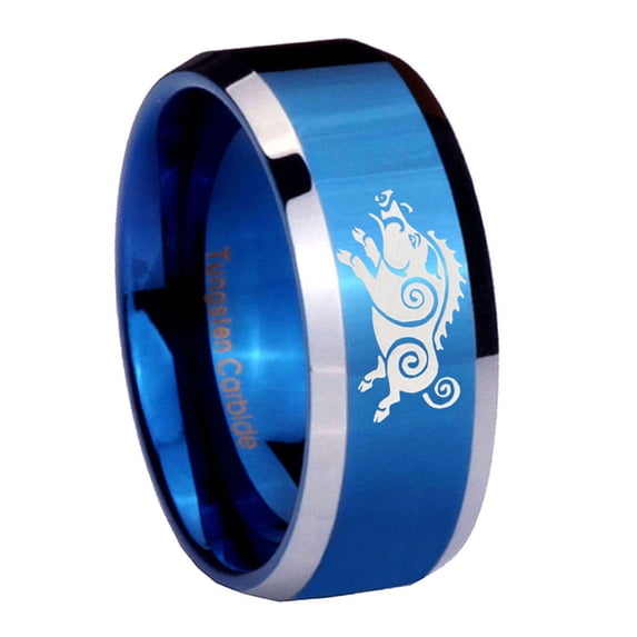 Wild Boar 8MM Beveled Edge Blue Tungsten Men Ring