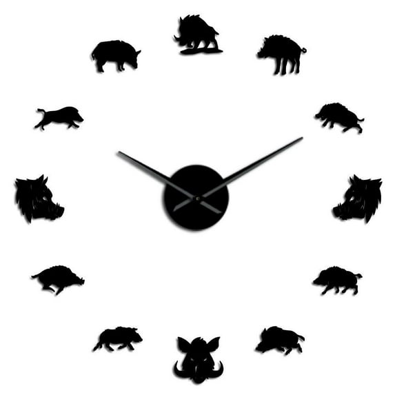 Wild Boar Pig Cub Piglet Oversized 3D DIY Wall Clock Wildlife Woodlands Animal Wall Art Decor Clock Watch With Mirror Effect(Black,47inch)