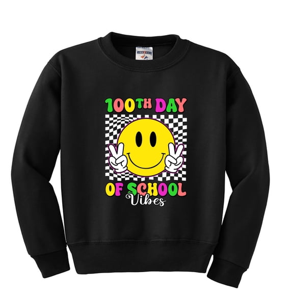 Wild Bobby 100th Day of School Retro Cute Smiley Face, 100 Days of School 2024 2025 Design for Kids Youth Boys Girls School Unisex Boys Girls Crewneck Graphic Sweatshirt