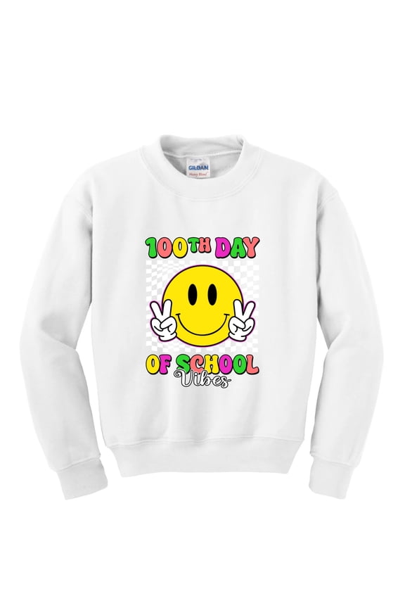 100th Day of School Retro Cute Smiley Face, 100 Days of School 2024 2025 Design for Kids Youth Boys Girls School Unisex Boys Girls Crewneck Graphic Sweatshirt
