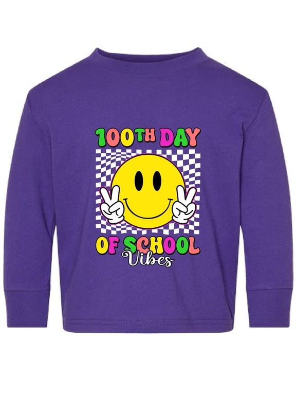 100th Day of School Retro Cute Smiley Face, 100 Days of School 2024 2025 Design for Kids Youth Boys Girls School Toddler Long Sleeve Shirt