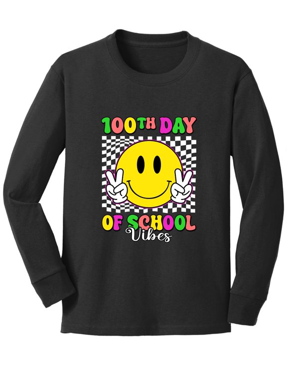 100th Day of School Retro Cute Smiley Face, 100 Days of School 2024 2025 Design for Kids Youth Boys Girls School Youth Longsleeve Shirt