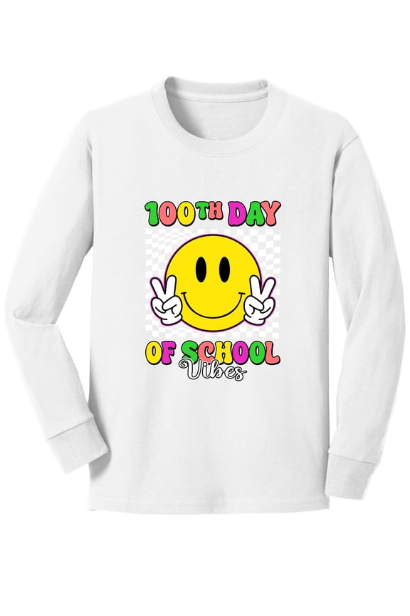 100th Day of School Retro Cute Smiley Face, 100 Days of School 2024 2025 Design for Kids Youth Boys Girls School Youth Longsleeve Shirt