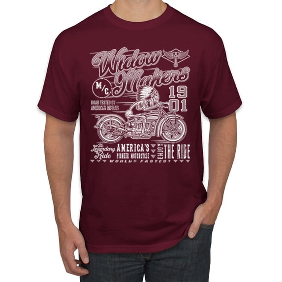 Wild Bobby, 1901 Widow Makers Skeleton Motorcycle Cars and Trucks Men's Graphic T-Shirt, Maroon, 4XL