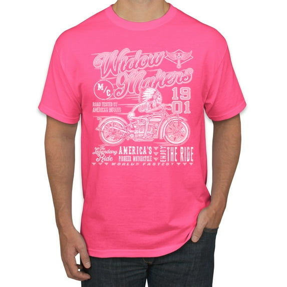 Wild Bobby, 1901 Widow Makers Skeleton Motorcycle Cars and Trucks Men's Graphic T-Shirt, Neon Pink, Large