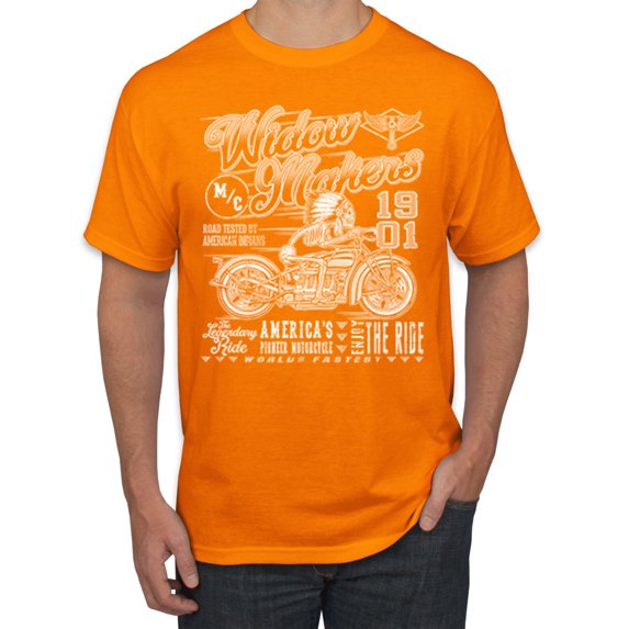 Wild Bobby, 1901 Widow Makers Skeleton Motorcycle Cars and Trucks Men's Graphic T-Shirt, Orange, 4XL