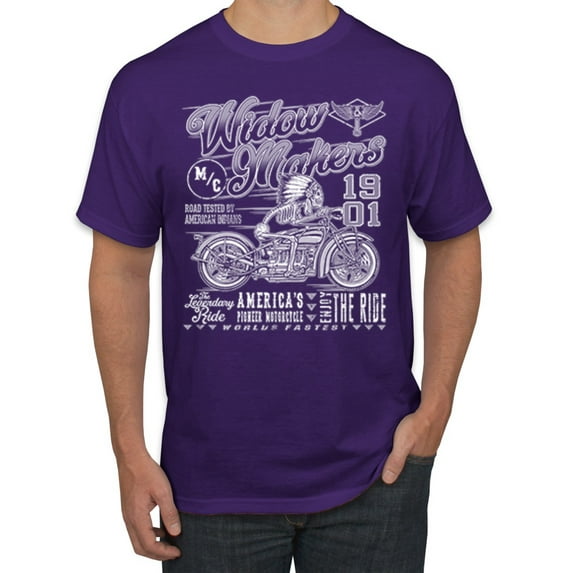 Wild Bobby, 1901 Widow Makers Skeleton Motorcycle Cars and Trucks Men's Graphic T-Shirt, Purple, Large