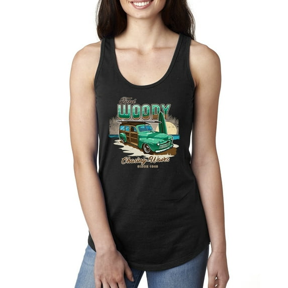 Wild Bobby, 1946 Vintage Ford Woody Chasing Waves Cars and Trucks Ladies Racerback Tank Top, Black, Small