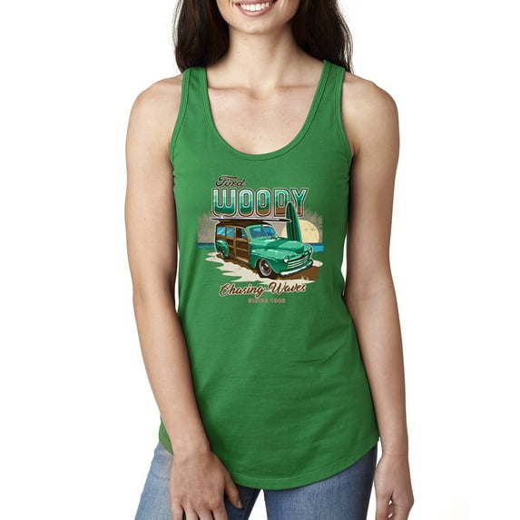 Wild Bobby, 1946 Vintage Ford Woody Chasing Waves Cars and Trucks Ladies Racerback Tank Top, Kelly, Medium