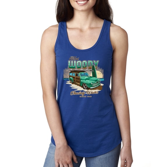 Wild Bobby, 1946 Vintage Ford Woody Chasing Waves Cars and Trucks Ladies Racerback Tank Top, Royal, X-Large