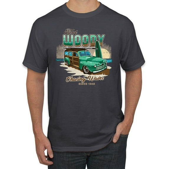 Wild Bobby, 1946 Vintage Ford Woody Chasing Waves Cars and Trucks Men's Graphic T-Shirt, Charcoal, Small