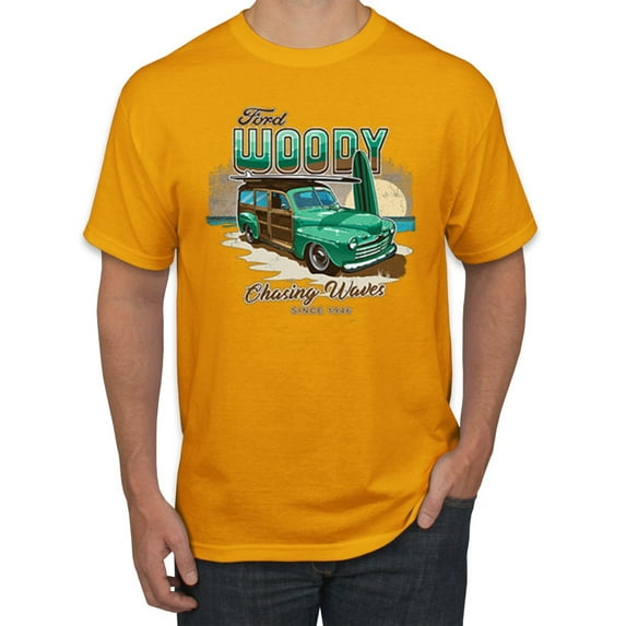 1946 Vintage Ford Woody Chasing Waves Cars and Trucks Men's Graphic T-Shirt, Gold, Medium