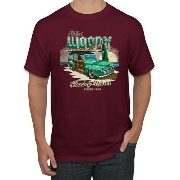 Wild Bobby, 1946 Vintage Ford Woody Chasing Waves Cars and Trucks Men's Graphic T-Shirt, Maroon, Medium