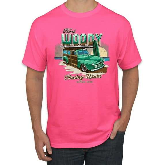 Wild Bobby, 1946 Vintage Ford Woody Chasing Waves Cars and Trucks Men's Graphic T-Shirt, Neon Pink, 2XL