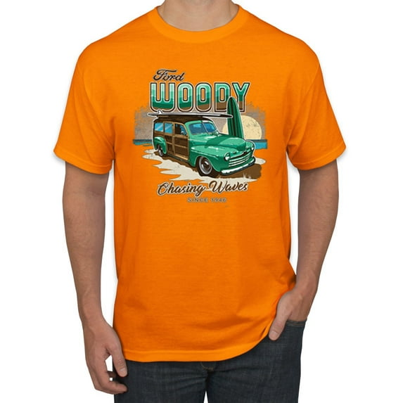 Wild Bobby, 1946 Vintage Ford Woody Chasing Waves Cars and Trucks Men's Graphic T-Shirt, Orange, 5XL