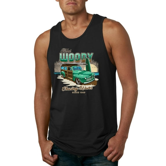 Wild Bobby, 1946 Vintage Ford Woody Chasing Waves Cars and Trucks Mens Graphic Tank Top, Black, Small