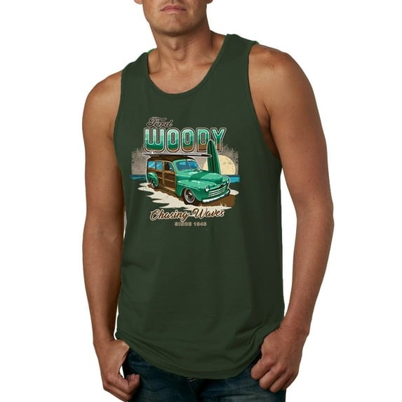 Wild Bobby, 1946 Vintage Ford Woody Chasing Waves Cars and Trucks Mens Graphic Tank Top, Forest Green, 2XL