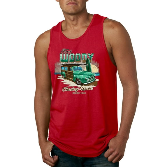 Wild Bobby, 1946 Vintage Ford Woody Chasing Waves Cars and Trucks Mens Graphic Tank Top, Red, 3XL