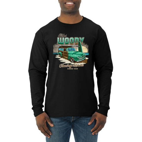 Wild Bobby, 1946 Vintage Ford Woody Chasing Waves Cars and Trucks Mens Long Sleeve Shirt, Black, Small
