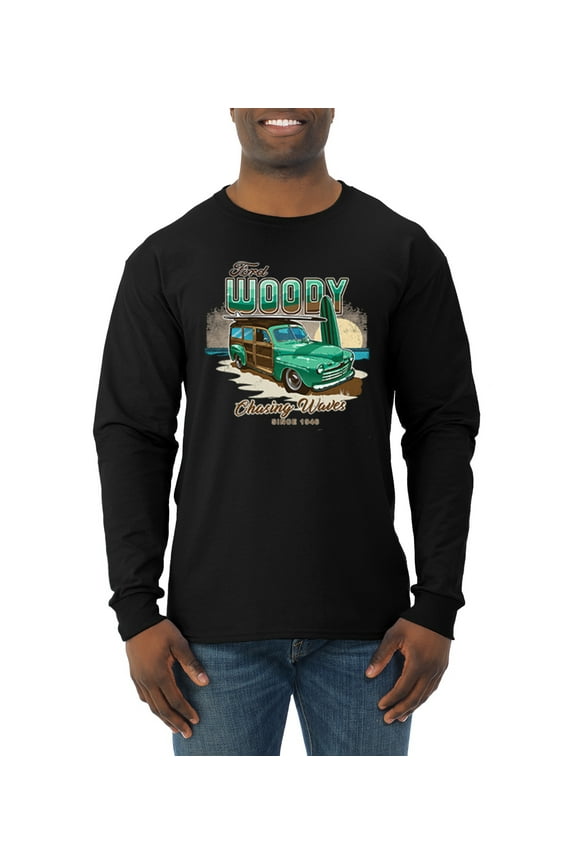 , 1946 Vintage Ford Woody Chasing Waves Cars and Trucks Mens Long Sleeve Shirt, Black, Small