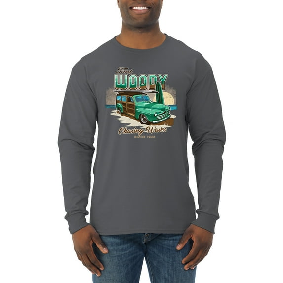 Wild Bobby, 1946 Vintage Ford Woody Chasing Waves Cars and Trucks Mens Long Sleeve Shirt, Charcoal, 3XL