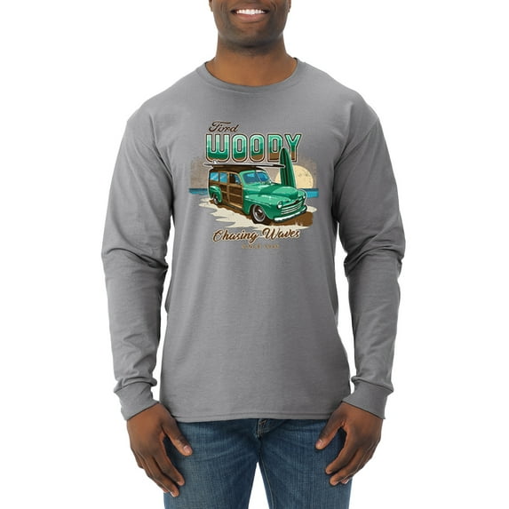 Wild Bobby, 1946 Vintage Ford Woody Chasing Waves Cars and Trucks Mens Long Sleeve Shirt, Heather Grey, Small