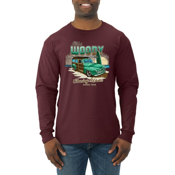 Wild Bobby, 1946 Vintage Ford Woody Chasing Waves Cars and Trucks Mens Long Sleeve Shirt, Maroon, 3XL