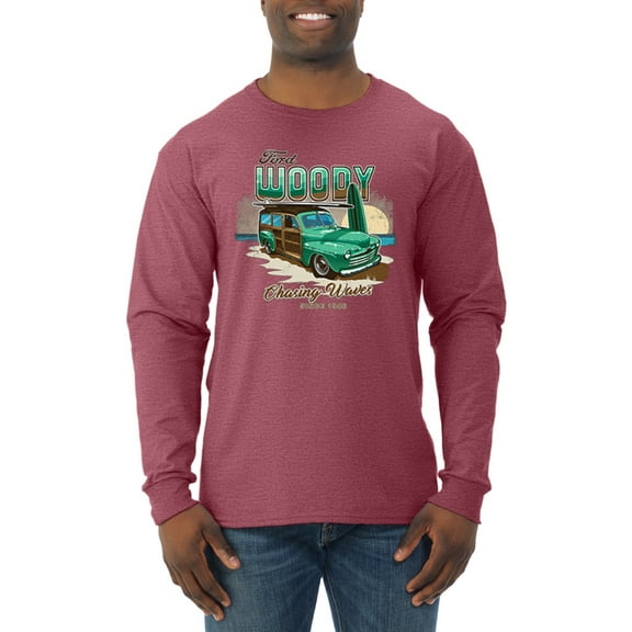 Wild Bobby, 1946 Vintage Ford Woody Chasing Waves Cars and Trucks Mens Long Sleeve Shirt, Vintage Heather Red, Small