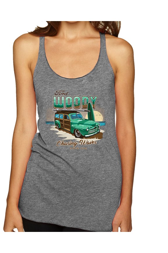 , 1946 Vintage Ford Woody Chasing Waves Cars and Trucks Tri-Blend Racerback Tank Top, Premium Heather, Small
