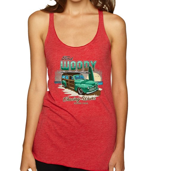 Wild Bobby, 1946 Vintage Ford Woody Chasing Waves Cars and Trucks Tri-Blend Racerback Tank Top, Vintage Red, X-Large