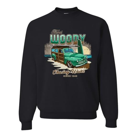 Wild Bobby, 1946 Vintage Ford Woody Chasing Waves Cars and Trucks Unisex Crewneck Graphic Sweatshirt, Black, Small