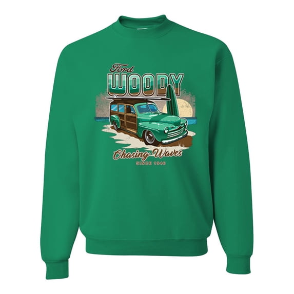 Wild Bobby, 1946 Vintage Ford Woody Chasing Waves Cars and Trucks Unisex Crewneck Graphic Sweatshirt, Kelly, 5XL