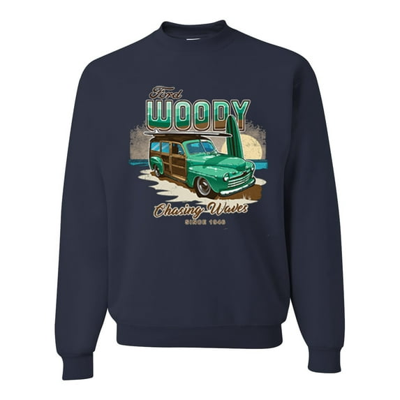 Wild Bobby, 1946 Vintage Ford Woody Chasing Waves Cars and Trucks Unisex Crewneck Graphic Sweatshirt, Navy, Medium