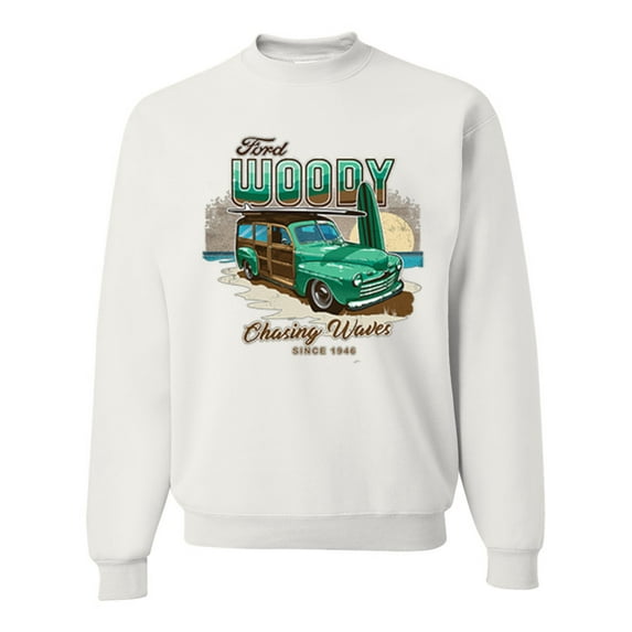 Wild Bobby, 1946 Vintage Ford Woody Chasing Waves Cars and Trucks Unisex Crewneck Graphic Sweatshirt, White, Large