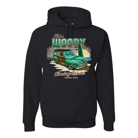 Wild Bobby, 1946 Vintage Ford Woody Chasing Waves Cars and Trucks Unisex Graphic Hoodie Sweatshirt, Black, Small