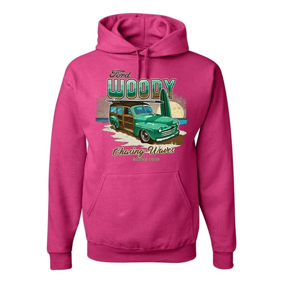 Wild Bobby, 1946 Vintage Ford Woody Chasing Waves Cars and Trucks Unisex Graphic Hoodie Sweatshirt, Fuschia, X-Large