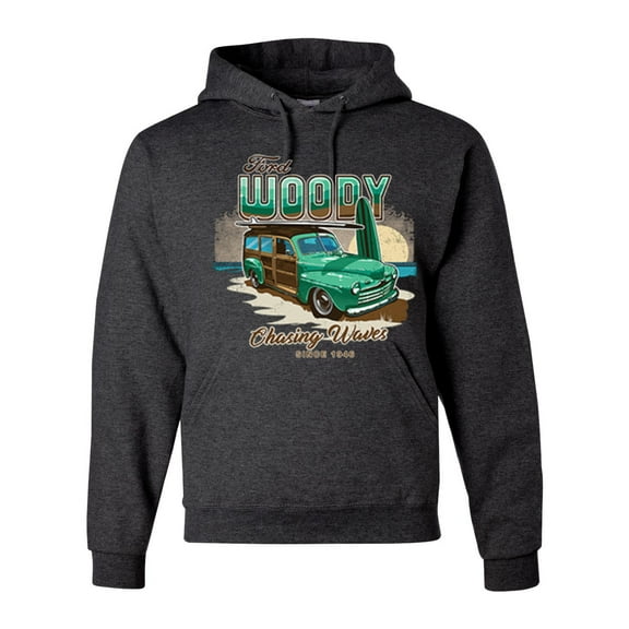 Wild Bobby, 1946 Vintage Ford Woody Chasing Waves Cars and Trucks Unisex Graphic Hoodie Sweatshirt, Heather Black, 2XL